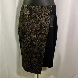 NWT Lane Bryant Black & Metallic Gold Jacquard Floral Ponte Knit Faux Wrap Skirt
